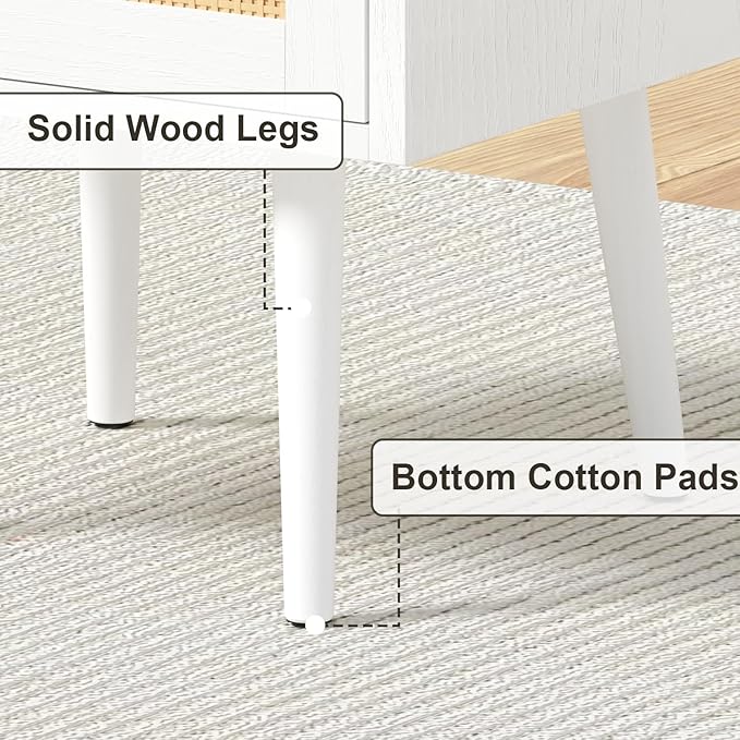 MECHYIN Night Stand Set 2, Nightstands Set of 2 with Charging Station, Rattan Side Tables with Solid Wood Legs, Boho Bedside End Table for Apartment Bedroom Dorm Small Space - White
