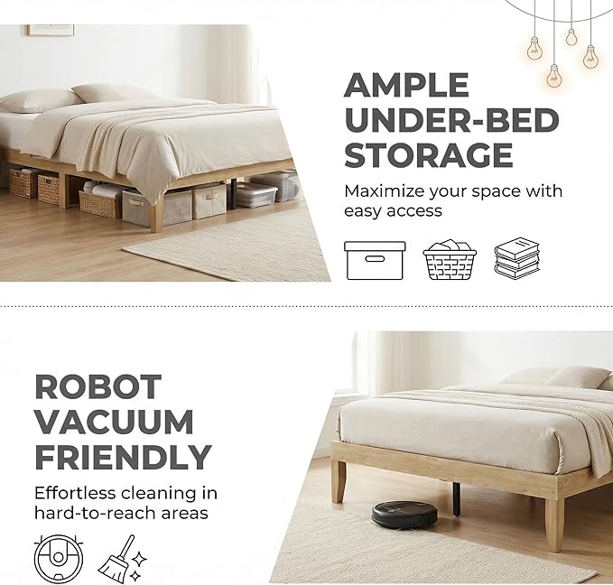 King Bed Frame Wood Platform Bed with Wooden Slats Support 8.5-inch Underbed Space for Storage No Box Spring Needed - Noise-Free Design-Easy Assembly - Minimalist Style