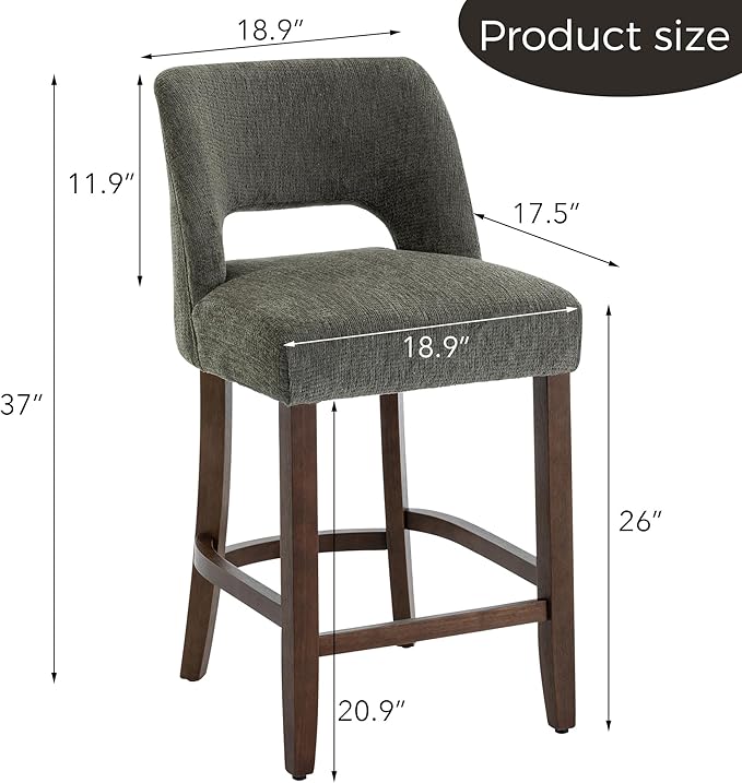 VKNOW Bar Stools Set of 4, 26" Upholstered Counter Height Bar Stools, Modern Counter Stools with Wood Legs for Kitchen Island Dining Room Bar, Green