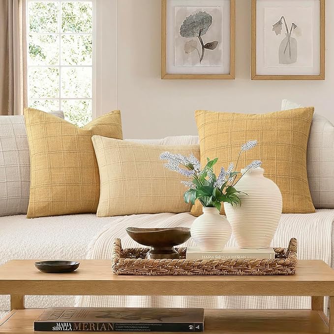 Foindtower Set of 2 Decorative Linen Check Throw Pillow Covers Neutral Farmhouse Vintage Cushion Covers Modern Boho Accent Home Decor for Sofa Chair Couch Bedroom Living Room,18×18 Inch,Amber Gold