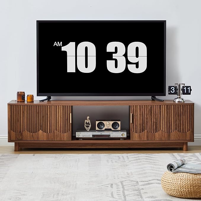 FurSch 62.2” Fluted TV Stand Low Profile, Mid Century Modern TV Stand with Storage for Bedroom Living Room, Curved Media Console for 50 55 60 65 70 Inch TVs (Walnut)