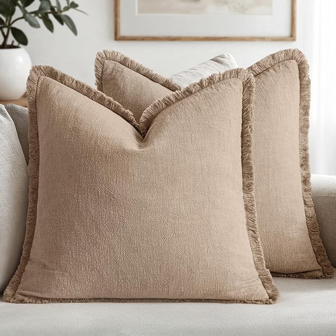 MIULEE Decorative Throw Pillow Covers Neutral Linen Fringe Throw Pillows Euro Shams Set of 2 Camel Boho Farmhouse Cushion Covers for Couch Sofa Bed Living Room Spring Home Decor 26x26 Inch