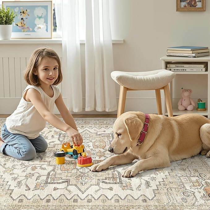 Area Rugs for Living Room - 6x9, Boho Non-Slip Low Pile Carpet Machine Washable Rugs for Bedroom, Farmhouse, Office, Dining Room (Gold)