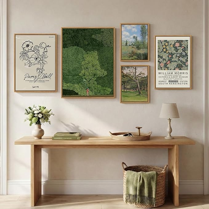 Large Framed Green Wall Art Set of 5, Vintage William Morris Floral Botanical Canvas Prints, Nature Gallery Wall Decor for Living Room Bedroom Hallway Home Office