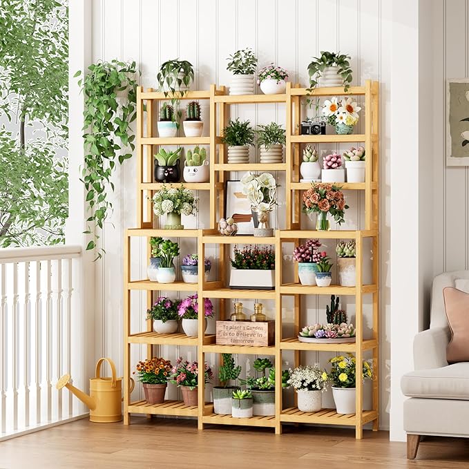 FOTOSOK Bamboo Shelf, 7 Tier Plant Stand Indoor, 3 Row Ladder Shelf, Bookshelf and Bookcase, Plant Shelves with Adjustable, Corner Display Stands, Flower Stand for Living Room Balcony Kitchen Natural