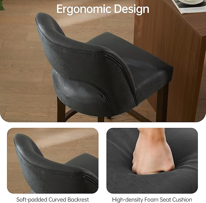VKNOW 26" Bar Stools Set of 6, Faux Leather Counter Height Bar Stools with Backrest and Rubberwood Legs, Upholstered Barstools for Kitchen Island, Bar and Dining Room, Black
