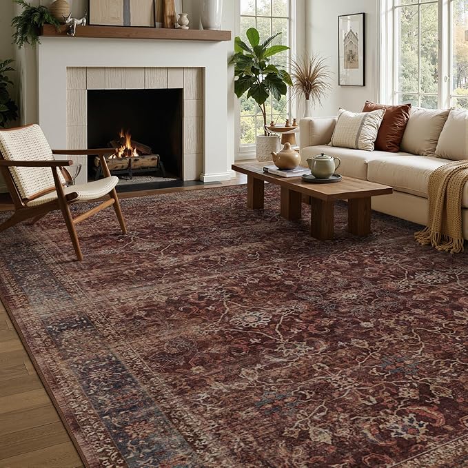 Washable Rugs 8x10 Brick Red, Earth Tone Thin Area Rugs for Living Room, Vintage Distressed Bedroom Rug Non Slip Stain Resistant, Carpet Rug for Dining Room/Kitchen/Home Office/Family Room