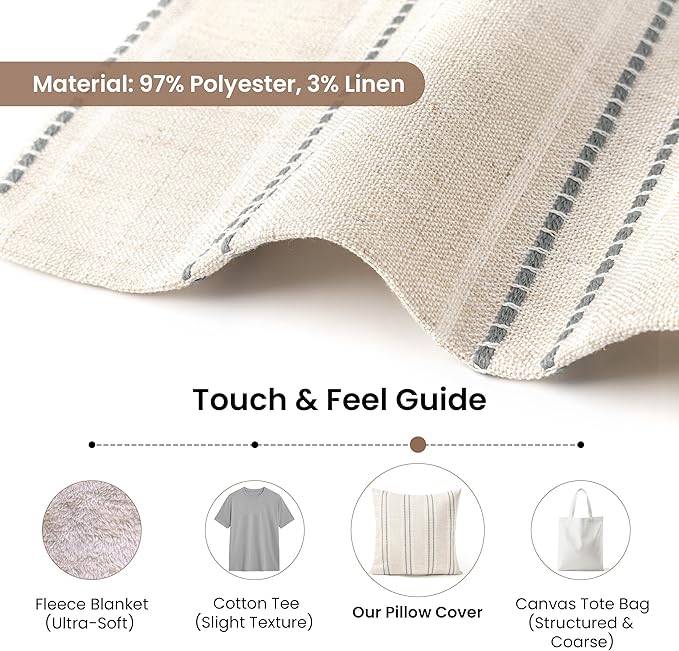 AELS 18x18 Decorative Farmhouse Linen Blend Throw Pillow Covers, Boho Textured Pillow Case, Set of 2, Beige with White & Gray Stitch Yarn Dyed Stripe Cushion Cover for Sofa Living Room (Cover ONLY)