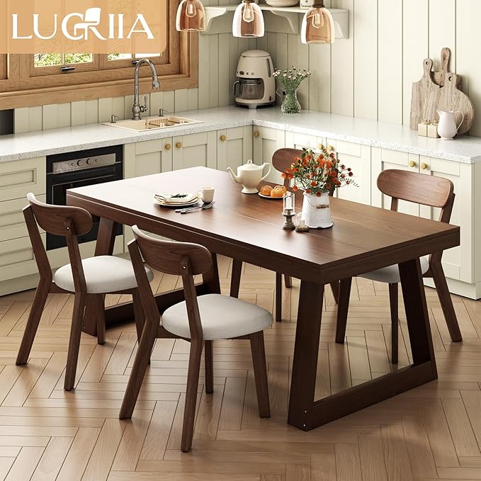 Dining Chairs Set of 6 Mid-Century Modern Oak Upholstered Scandinavian Solid Wood Kitchen & Dining Room Chairs with Curved Backrest Sillas de Comedor for Dining Table(Walnut/Beige)