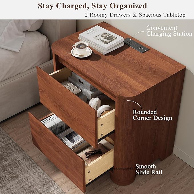 Walnut Nightstand with Charging Station, 23.6" Modern Night Stand with Unique Thickened Foot and 2 Storage Drawers, Bedside Table with Rounded Corner Design for Bedroom
