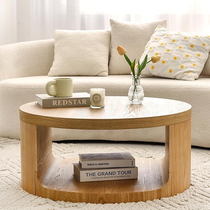 Round Coffee Table with Storage, 31" Modern Living Room Table, 2 Tier Circle Wood Center Tables for Apartment, Living Room, Open-Style Storage Tea Tables, 31"*14.1" (Nature Wood)