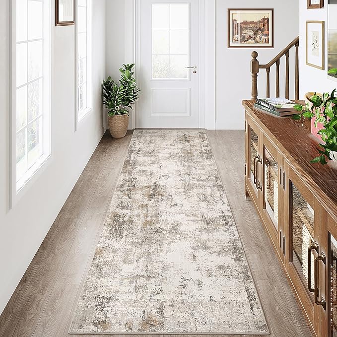 3x8 Washable Runner Rug Brown Grey Abstract Non Slip Soft Low Pile Hallway Kitchen Rug Neutral Modern Carpet for Laundry Bathroom Bedroom Living Room Home Decor
