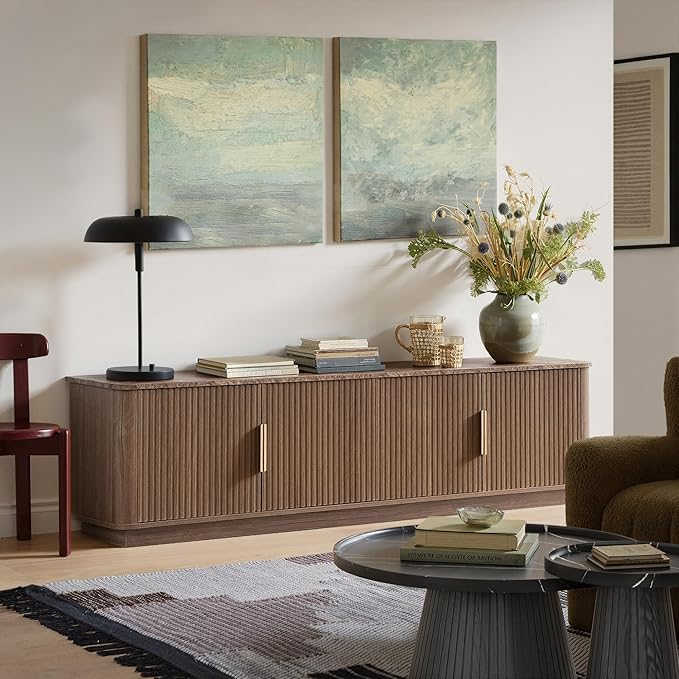 win2win 71" TV Stand for 80 Inch TV, Mid Century Modern Fluted Entertainment Center with Faux Marble Top, Curved Corners, Minimalist Media Console with Storage for Living Room Bedroom, Walnut