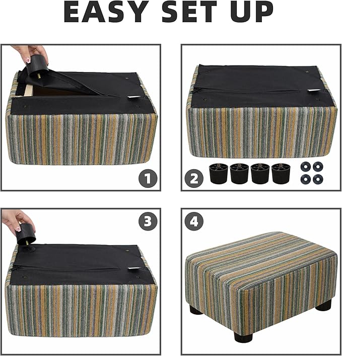 CAROLMADE Small Foot Stool Ottoman Footstool with Legs Under Desk Footrest for Living Room Bedroom and Office,Linen-Stripe Green