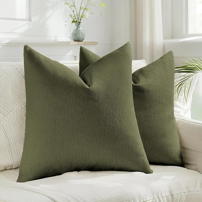 HAUSSY Moss Green Throw Pillow Covers 22x22 Inch Set of 2,Boho Decorative Faux Linen Throw Pillows Cozy Farmhouse Accent Cushion Covers,Home Decor for Couch Sofa Bed Living Room