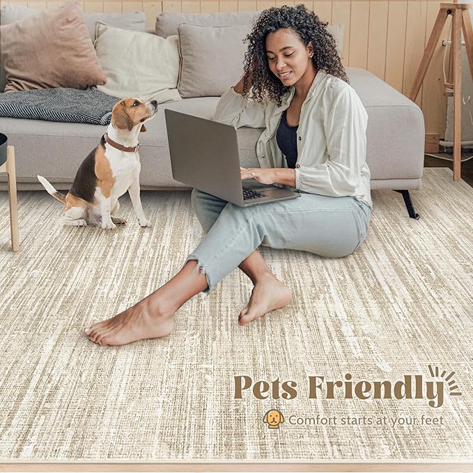 Living Room Rugs 9x12: Washable Moroccan Geometric Boho Rug Farmhouse Non Slip Stain Resistant Large Rug Low Pile Soft Carpet for Bedroom Dining Room Children Room (Camel,9'x12')