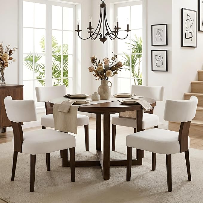 HNY Set of 4 Mid Century Modern Dining Chairs, Farmhouse Velvet Upholstered Accent Chair Curved Backrest Kitchen Chairs, with Hardwood Frame, Cream, Velvet-beige