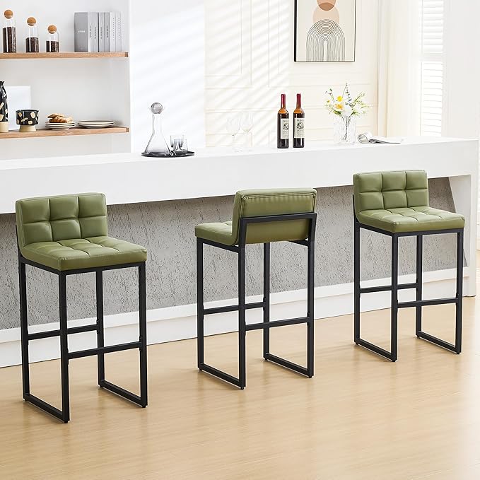 FIRAVOE Bar Stools Set of 3, Modern Tall Counter Height Barstools with Back and Thickened Metal Legs, 30" Faux Leather Bar Chairs for Kitchen Island, Bar, Counter (Avocado Green, 3Pcs 30" Bar Stools)