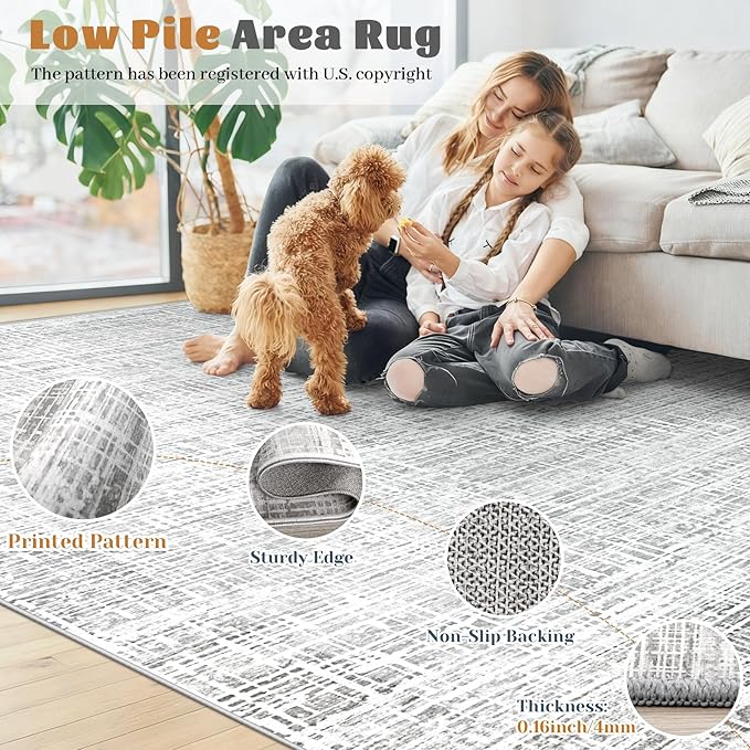 6x9 Area Rugs Washable Rug, Abstract Living Room Rug Large Neutral Modern Area Rug Soft Non Slip Low Pile Stain Resistant Indoor Carpet for Bedroom Nursery Kids Dining Room Office(Grey, 6'x9')
