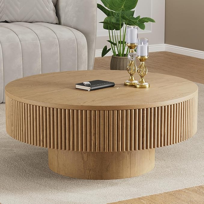 YOUDENOVA 35” Round Fluted Coffee Table, Modern Wood Circle Coffee Table, Veneer Handcrafted Relief Tea Table with Sturdy Pedestal for Living Room, Easy Assembly - Natural