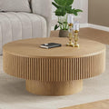 YOUDENOVA 35” Round Fluted Coffee Table, Modern Wood Circle Coffee Table, Veneer Handcrafted Relief Tea Table with Sturdy Pedestal for Living Room, Easy Assembly - Natural