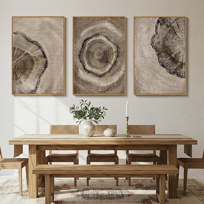 Large Framed Neutral Vintage Wall Art for Living Room, 3 Piece Retro Rustic Tree Ring Prints Canvas Artwork for Walls, Nature Paintings Pictures for Bedroom Hallway Home Office Wall Decor, 24x36 Inch