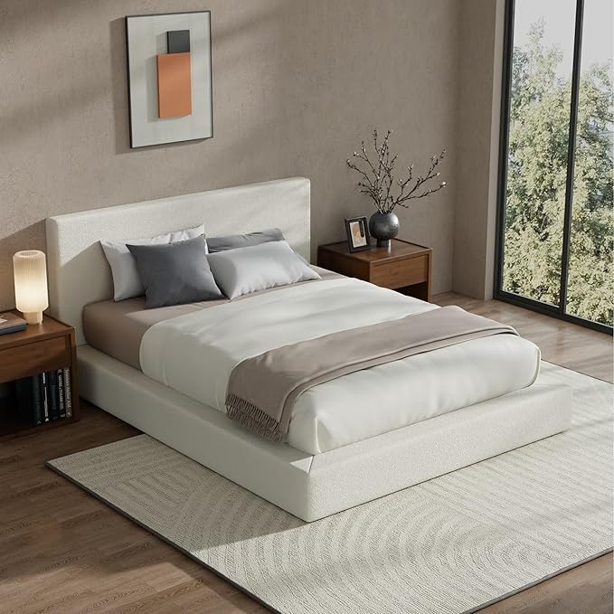 RECCI AirFrame Queen Bed Frame with Headboard, Cloud Upholstered Platform Bed Frame, 5 Inch Foam Cushioned, No Box Spring, Easy Assembly(Cream Boucle)