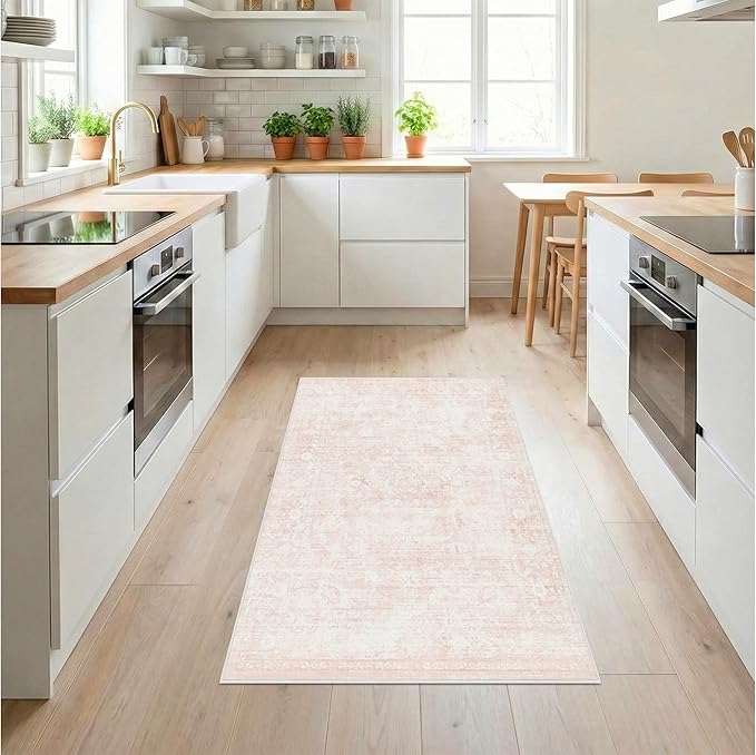 Homemate Washable Rug 4x6 Area Rugs - Vintage Faux Wool Rugs for Living Room Bedroom Dining Room - Non Slip Foldable Carpet Indoor Area Rug for Home Decor（4'x6', Pink