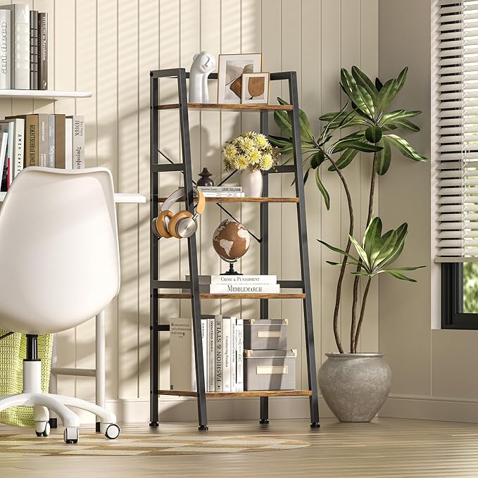 4-Tier Bookshelf, Ladder Shelf, Stand Up Shelves, Industrial Bookcase with Steel Frame, Metal Small Bookcase, for Living Room, Home Office, Kitchen, Bedroom, Industrial Style （Rustic Brown & Black）