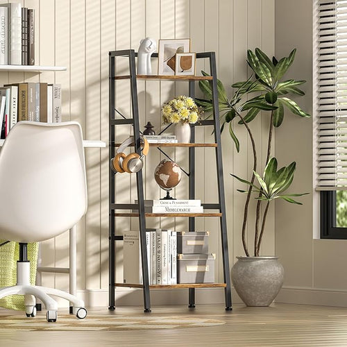4-Tier Bookshelf, Ladder Shelf, Stand Up Shelves, Industrial Bookcase with Steel Frame, Metal Small Bookcase, for Living Room, Home Office, Kitchen, Bedroom, Industrial Style （Rustic Brown & Black）