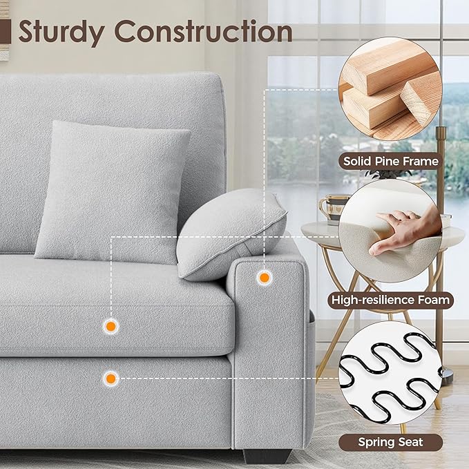 88.58" 3 Seats Deep Seat Sofa Couch, Light Grey | USB/Type-C Port, Side Storage, Removable Cover, Wide Armrest, For Small Space