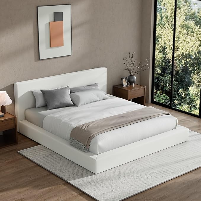 RECCI AirFrame California King Bed Frame with Headboard, Cloud Upholstered Platform Bed Frame, 5 Inch Foam Cushioned, No Box Spring, Easy Assembly(Snow White)