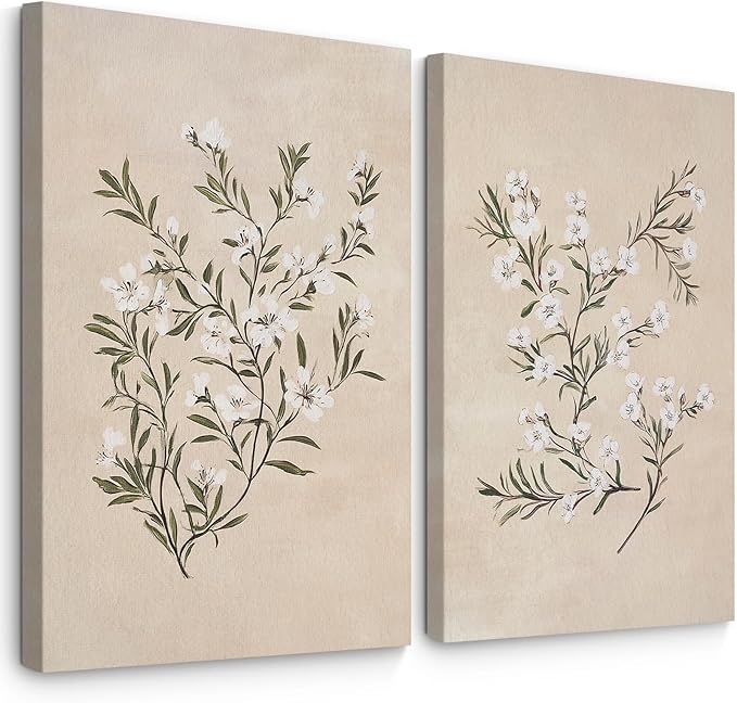 Vintage Botanical Wall Art Neutral Floral Prints Farmhouse Flower Canvas Wall Decor Watercolor Wildflower Pictures Nature Minimalist Artwork for Living Room Bedroom 12x16 Inch Wrapped Canvas Set of 2