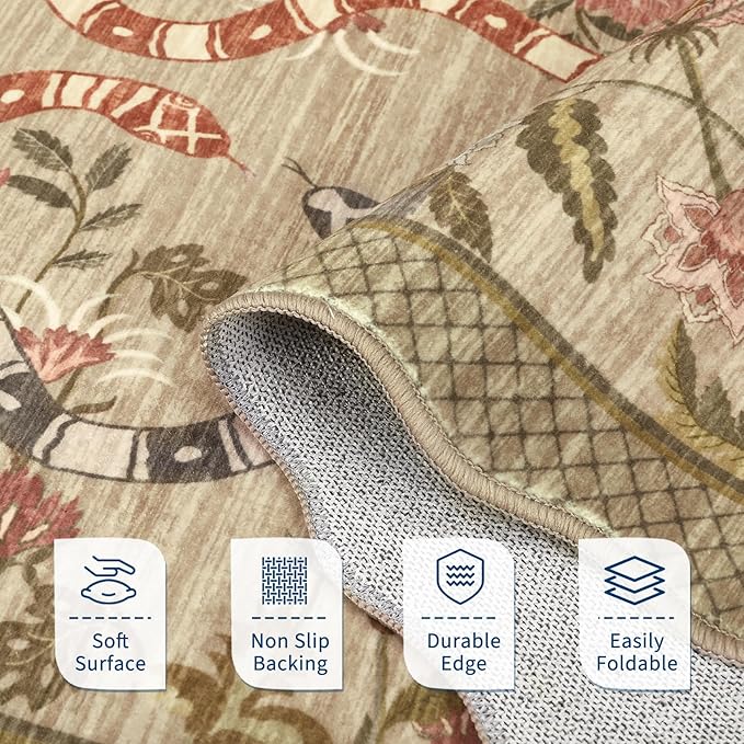 Garvee Snake Washable Area Rugs 8x10 Boho Scalloped Living Room Rugs, Botanical Floral Bedroom Rug, Stain-Resistant Low Pile Floor Carpet for Dining Room Dorm Nursery Playroom Farmhouse Office,Brown
