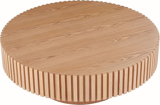 31.49" Round Coffee Table Wood, Modern Drum Fluted Oak Coffee Table for Living Room, Contemporary Minimalist Low Circle Center Table Side Table for Apartment, Farmhouse, Office Natural Ash