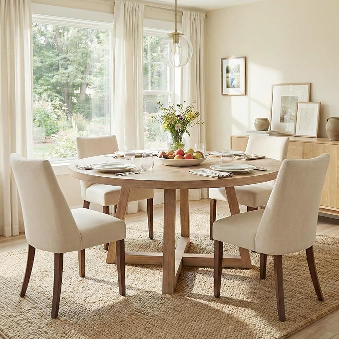 Wooden Dining Chairs Set of 4, Upholstered Farmhouse Fabric Dining Room Chair, Mid Century Kitchen Chair for Restaurant & Cafe, Beige