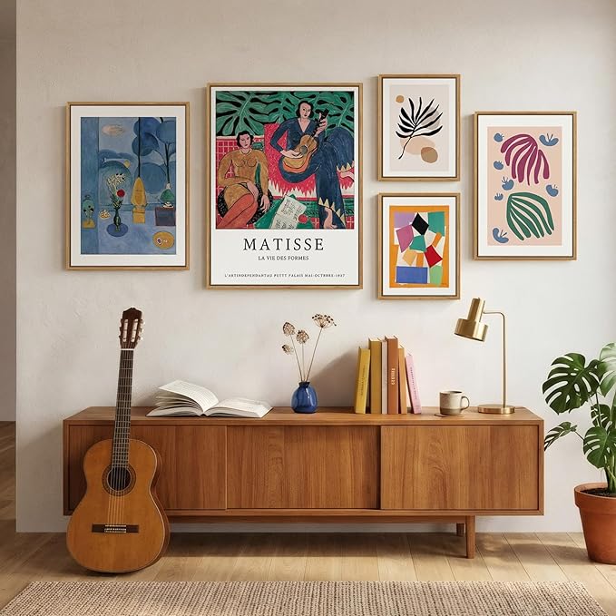 Large Framed Matisse Abstract Wall Art, 5 Piece Modern Geometric Canvas Prints Set, Contemporary Paintings Wall Decor for Living Room, Bedroom, Hallway, Home Office