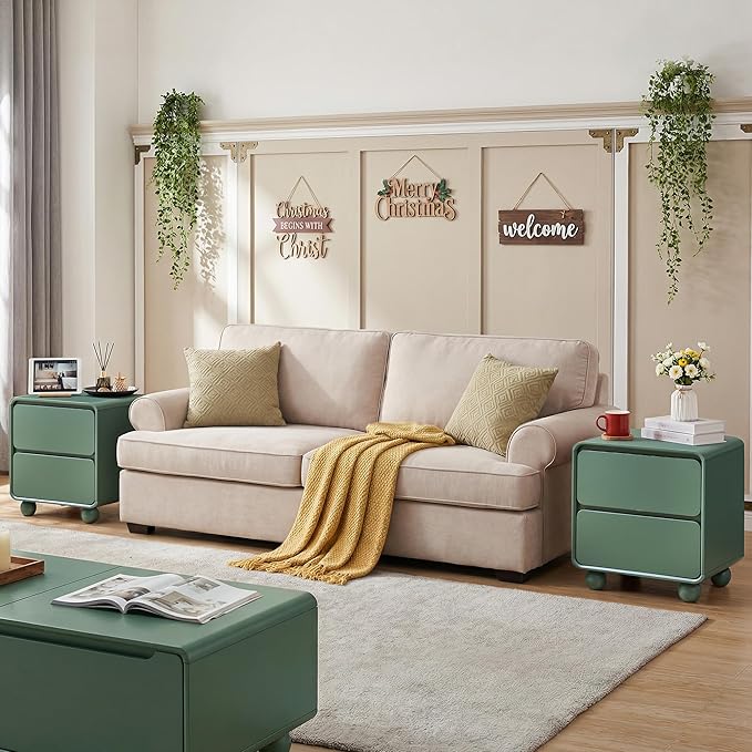 AVZEAR Small Night Stand with 2 Drawers, Mid Century Modern Nightstands with Solid Wood Legs, 2 Drawer Dresser Curved Profile Design End Table Side Table for Small Space, Dorm, Bedroom(Green)
