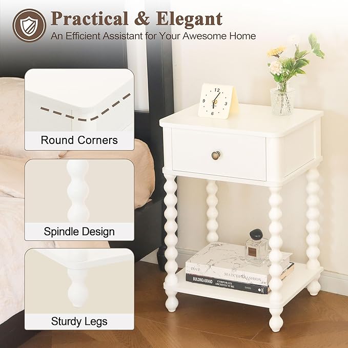 AWASEN White Nightstand, Small Side Table with Drawer for Living Room, Farmhouse End Bedside Table with Spindle Wood Legs for Bedroom, Office, White