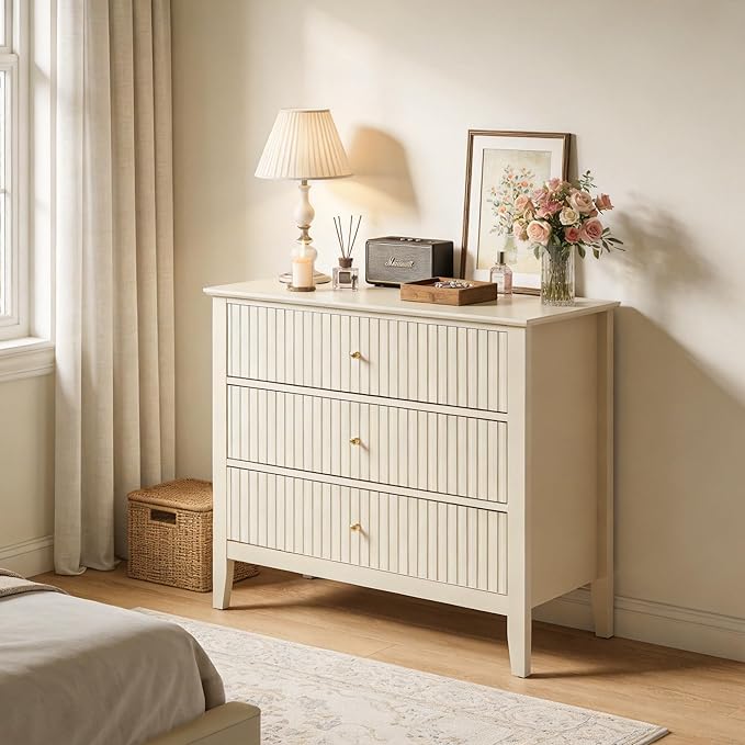 RoyalCraft Beige Fluted 3 Drawer Dresser, 32 inch Wide Dresser Nightstand for Bedroom, Modern Wood Chest of Drawers, Large Painted Nightstand with 3 Drawers for Closet, Hallway, Entryway