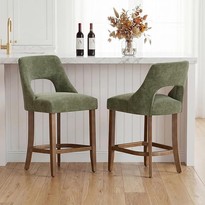 UVV Bar Stools Set of 2, Upholstered Counter Height Bar Stools, Modern Counter Stools with Wood Legs for Kitchen Island Dining Room Bar, Green
