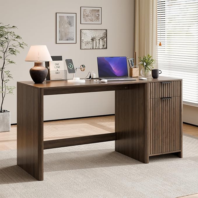 60" Fluted Home Office Desks with Storage, Modern Executive Desk Computer Desk with Drawer & Cabinet, Wood Work Desk for Office, Bedroom, Study, Living Room, Walnut