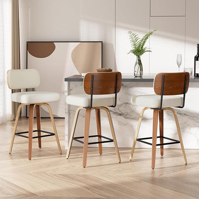 Swivel Bar Stools Set of 3, 26" Upholstered Faux Leather Counter Height Barstools with Walnut Back & Bentwood Legs, Mid Century Modern Bar Chairs Island Stools for Kitchen Counter, Cream White