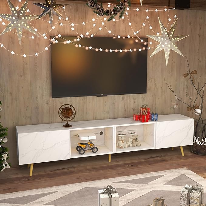 Bonzy Home 86" LED TV Stand, Modern Entertainment Center up to 75" TV, Television Console Table with Storage Cabinets for Living Room, White Marble