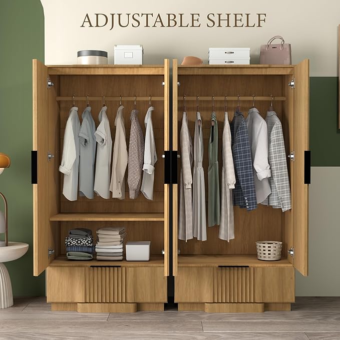 Brafab 67" Fluted Armoire Wardrobe Closet with Drawers and Doors, Wooden Wardrobe Cabinet with Adjustable Shelves, Modern Storage for Clothes, Dream Wardrobe Wall for Bedroom, Natural (3 pcs)