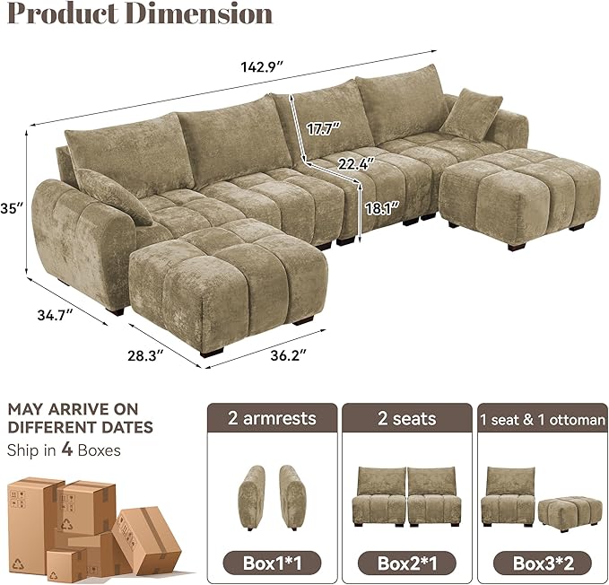 143" Oversized U Shaped Couch, Large Chenille Cloud Couch with Two Movable Ottomans, Memory Foam and Solid Wood Legs, Mid Century Modern Modular Sectional Couches for Living Room, Tufted Sofa, Brown