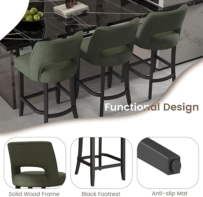 VKNOW Bar Stools Set of 2, 26" Upholstered Counter Height Bar Stools, Modern Counter Stools with Black Legs for Kitchen Island Dining Room Bar, Green-Black Legs
