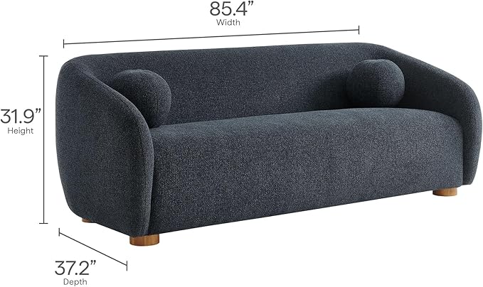 Modway Holland 85 Inch Minimalist Curved Back Sofa in Navy – Chenille Fabric Sofa with Ball Throw Pillows and Wood Feet – Modern 3-Seater Couch for Living Room