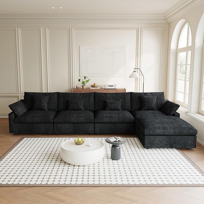 155.9" L Shape Cloud Modular Couches for Living Room, Modern Sectional Sofa with Chaise Ottomans, Deep Seat Couch Cushion Covers Washable&Removable, Sectional Sofas for Home Office Apartment (Black)