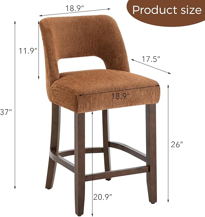 VKNOW Bar Stools Set of 4, 26" Upholstered Counter Height Bar Stools,Modern Counter Stools with Wood Legs for Kitchen Island Dining Room Bar,Orange